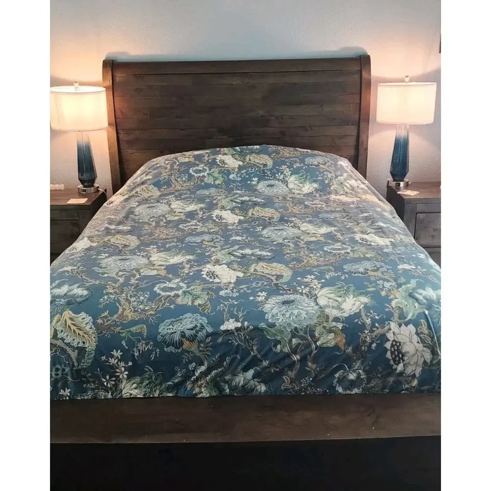 Pottery Barn Dahlia Floral Percale Blue Cotton California King Duvet Cover